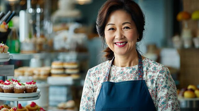 middle age Japanese woman owner of  local bakery shop smiling with various type of cake and bakery at shop