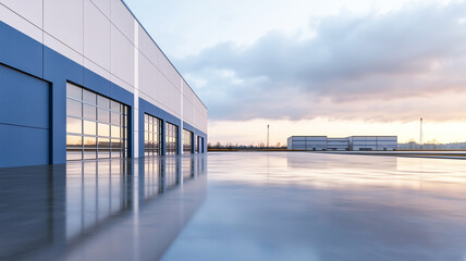 Obraz premium Modern industrial warehouse with reflective surface at sunset