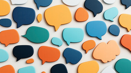Colorful abstract illustration of overlapping speech bubbles in various shapes and sizes on a light background, showcasing communication and social media concepts.