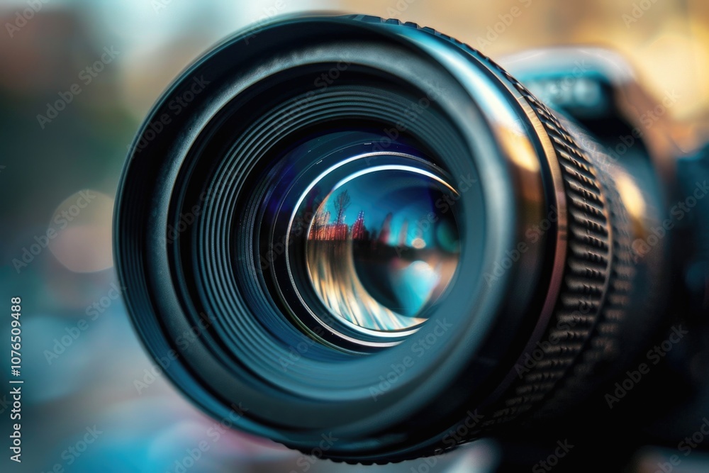 Poster a close-up shot of a camera lens with a blurry background, ideal for use in photography or technolog