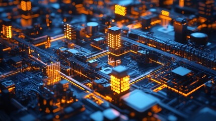 Futuristic Digital Factory with Blockchain Marked Glowing Products Symbolizing Transparent Manufacturing