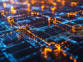 Futuristic Financial Hub Glowing with Blockchain Transactions and Secure Data Flows