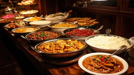Obraz premium International Dishes on Buffet Table with Bright Lighting