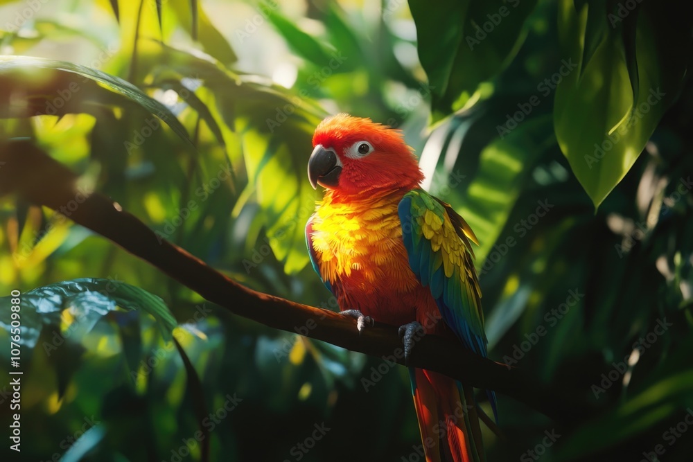 Poster a small bird with vibrant plumage sits atop a tree branch, waiting for its next move