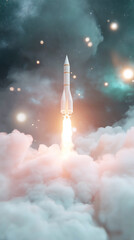 Rocket launch amidst glowing nebula in outer space journey