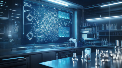 High-tech research lab with advanced digital interfaces and a transparent screen showing complex chemical structures