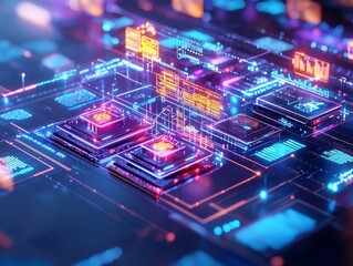 Obraz premium Futuristic Blockchain Powered Marketplace with Glowing Holographic Products for Secure Digital Transactions and Ownership Transfers