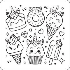 Kawaii Unicorn Cake, Donut, Ice Cream, and Cupcake Vector