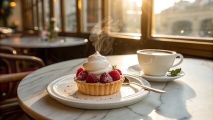 Fototapeta premium Delicious raspberry tart topped with whipped cream served on a white plate in a cozy café setting. The scene highlights elegance, sweetness, and a peaceful moment with coffee on a sunny day.