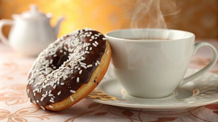 A steaming white cup of coffee paired with a chocolate-glazed donut topped with white sprinkles. The warm, inviting scene on a pastel tablecloth evokes comfort and indulgence for a perfect snack.