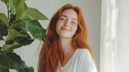 Naklejka premium red-haired woman with freckles holding a duster and smiling in a clean white room, minimalistic decor with a touch of greenery, natural daylight,
