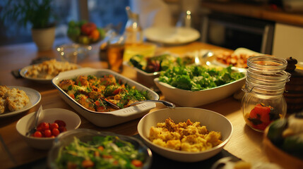 Fototapeta premium Home-cooked meal being served at a dining table with a variety of dishes, fresh salads, and a warm, inviting setting