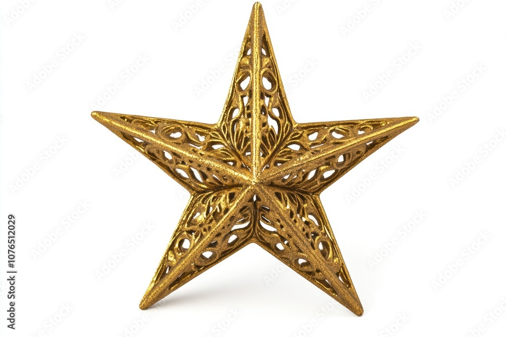 Poster a shiny gold star-shaped decoration against a plain white background, perfect for adding a touch of 