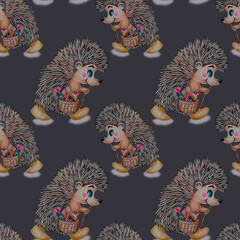 Seamless pattern of cute hedgehogs holding baskets of candies. The hedgehogs are smiling and be enjoying their time. Hand drawn of colored pencils.