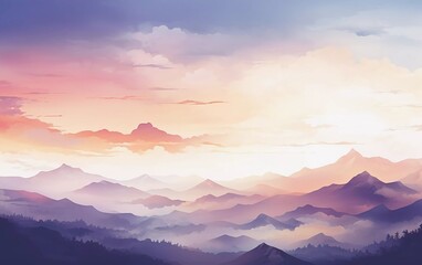 Obraz premium A serene mountain landscape at sunrise, showcasing soft colors and layered peaks.
