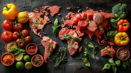 world map made of different types of meat and colorful spices, herbs and garnishes