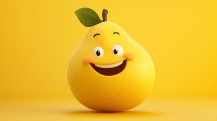 A cartoon illustration of a happy yellow pear with a green leaf on a yellow background.