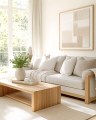 Fototapeta premium Serene Scandinavian Living Room with Minimalist Decor and Wooden Accents