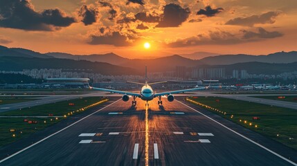 Airplane Taking Off at Sunset