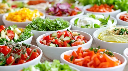 Colorful Salads and Dips on Dining Table for Gathering