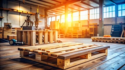 New Wooden Pallet in a Bright Workshop Setting with Natural Light and Detailed Textures for DIY and Shipping Applications, Featuring Ample Copy Space on the Right Side