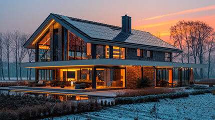 Obraz premium Modern house with solar panels on the roof