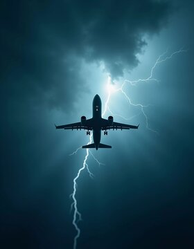 The aircraft encounters a severe thunderstorm, surrounded by dark clouds and illuminated by bright lightning strikes, highlighting the danger in the sky. Causes of air crashes. Generative AI