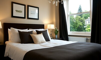 A cozy and inviting bedroom with a large bed, a window with a view of the greenery, and a chandelier above.