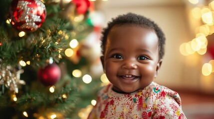 Joyful baby smiles by a decorated Christmas tree at home