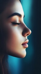 Fototapeta premium Young Woman with Closed Eyes in Calm Reflection and Serene Atmosphere