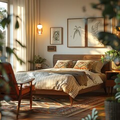 Bedroom Interior Design with Wooden Bed, Cozy Pillows, and Plants - 3D Illustration