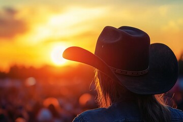 A woman wearing a cowboy hat watches the sun set in the distance