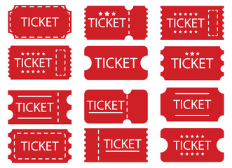Red simple ticket icons. Vector image isolated on white background. Event Ticket Icon Ideal for Concerts and Admission. 