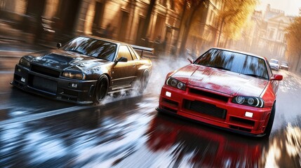 Obraz premium A sleek black car and a vibrant red car are racing fiercely in the rain