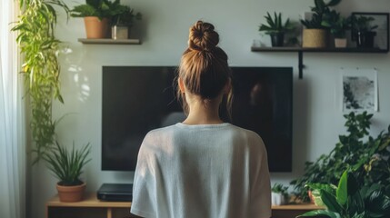 young woman with a high ponytail dusting a TV stand, relaxed home atmosphere with simple decor and plants, natural light from the window,