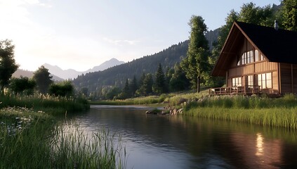 Obraz premium A cozy wooden cabin nestled on a riverbank in a lush valley with mountains in the background.