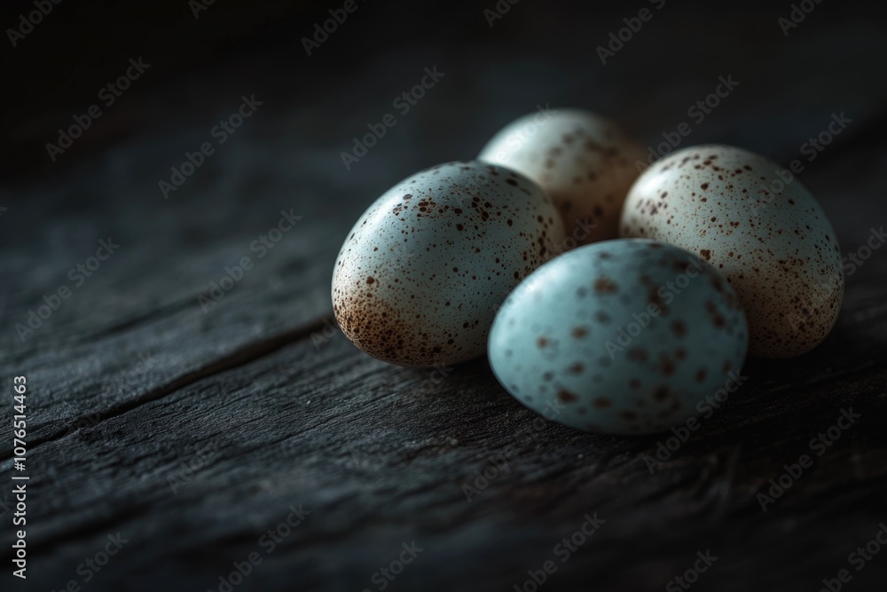 Poster four eggs sit on top of a wooden table in a simple composition