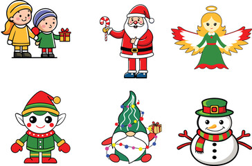 Cartoon Christmas Character Collection: Santa, Snowman, Gnome, Elf,  angle and Kids.