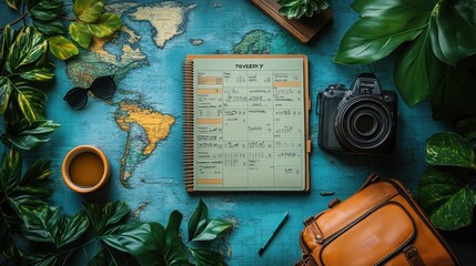 Travel planning scene with a notebook, camera, and world map.