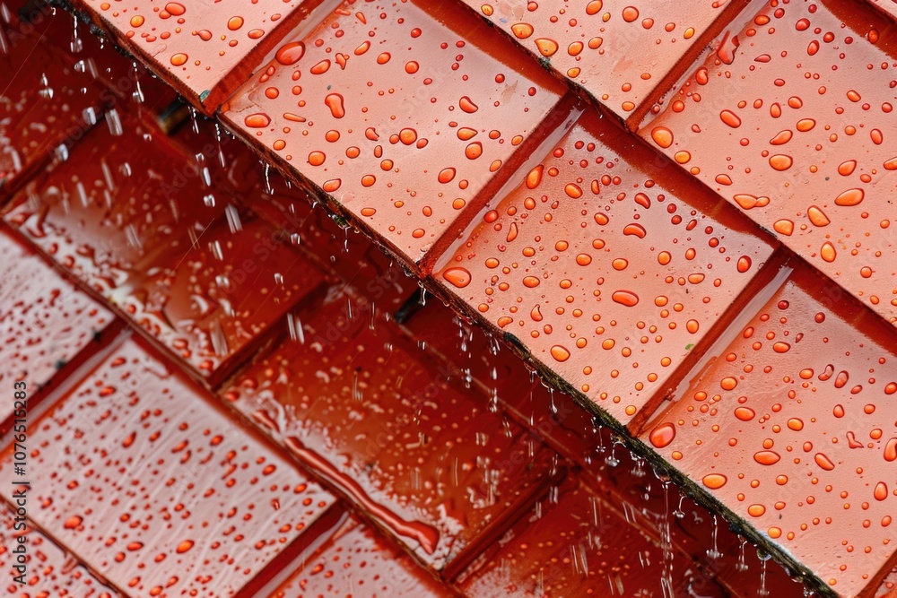 Poster water droplets on a tiled roof, perfect for architecture or design use