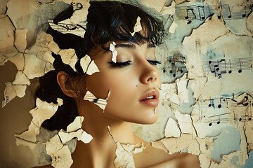 A photograph of a woman with her body artistically composed of fragmented, cracked layers of musical notes, merging human form with music in a surreal, captivating style 