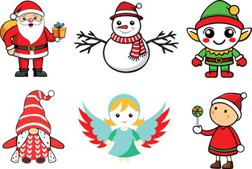 Festive Christmas Characters in Cartoon Style: Gnome, Elf, Snowman, angle, kid and Santa. Holiday cute characters in flat design. 