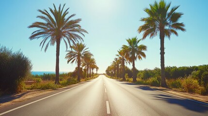 Sunlit road lined with palm trees, clear blue sky above, relaxed summer road trip atmosphere,