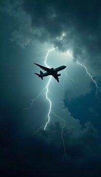 The aircraft encounters a severe thunderstorm, surrounded by dark clouds and illuminated by bright lightning strikes, highlighting the danger in the sky. Causes of air crashes. Generative AI