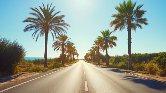 Sunlit road lined with palm trees, clear blue sky above, relaxed summer road trip atmosphere,