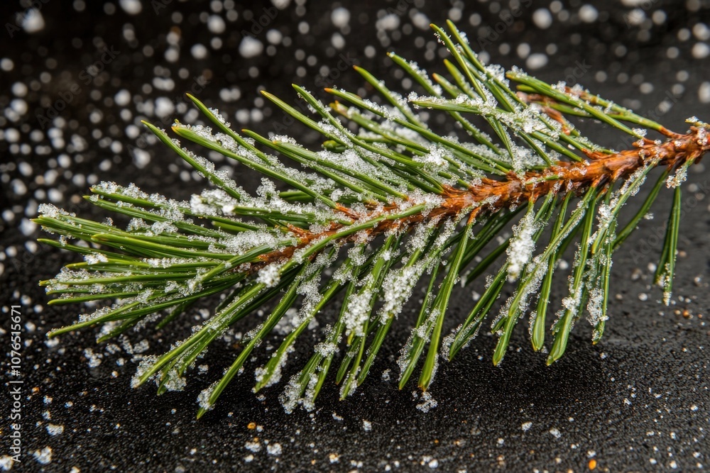 Poster a pine branch covered in snow on a dark background