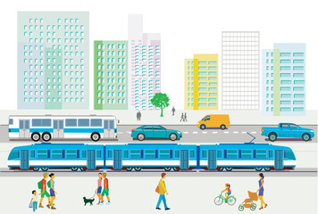 Stadt&uuml;bersicht mit Verkehr und H&auml;usern, Illustration.eps