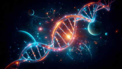 Obraz premium DNA double helix floating in a cosmic environment, surrounded by stars and galaxies, symbolizing the origin of life