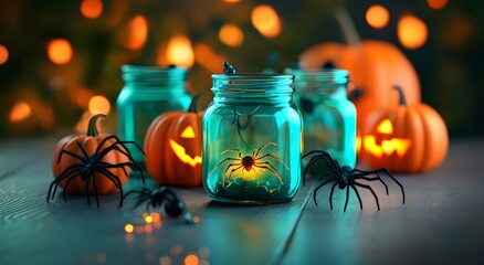 Scary green glass jar with spider eyes and spider inside. Halloween decorations on the table, Halloween colored lights in the background.