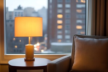 A lamp on a side table next to a chair with a city view out the window.